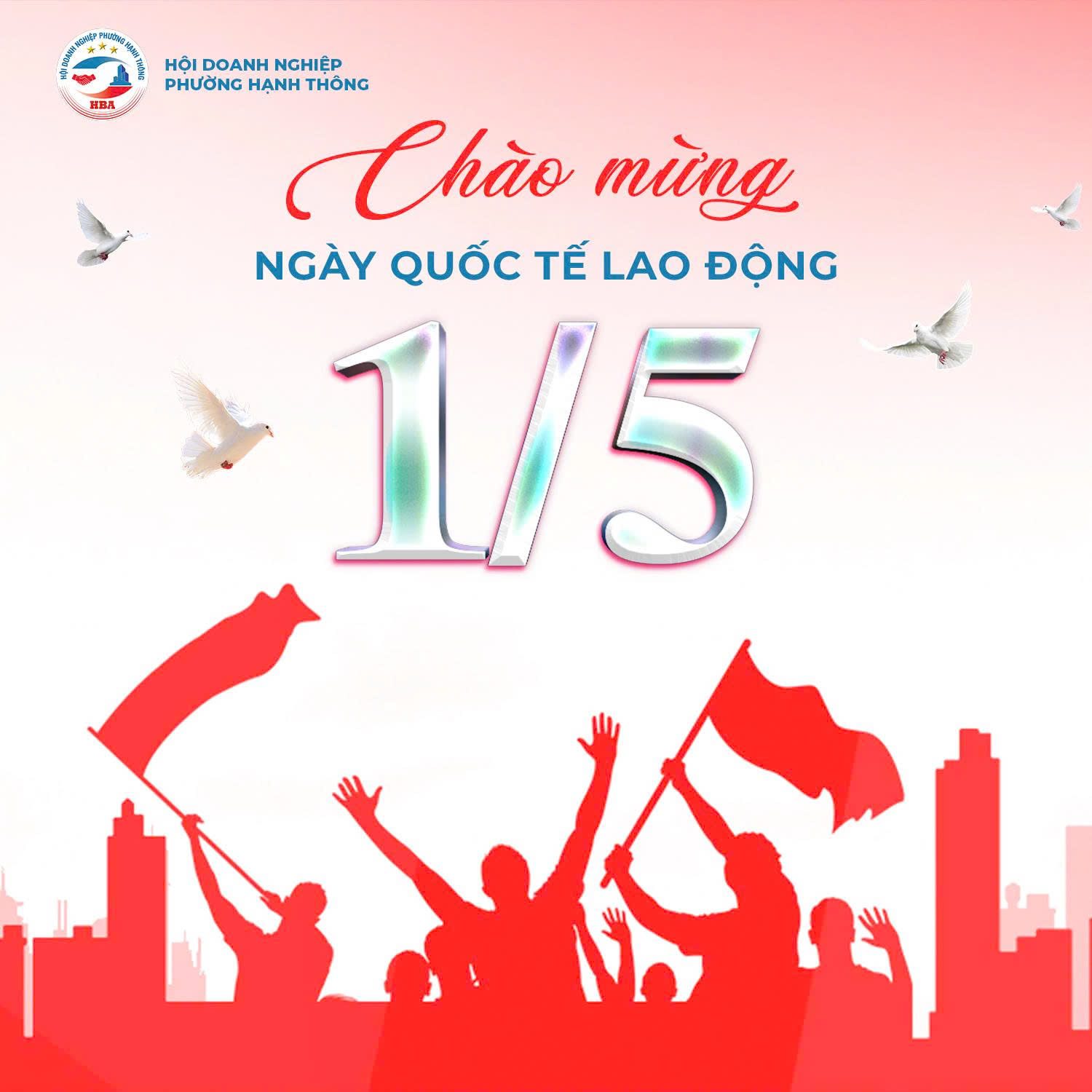 Ảnh chào mừng Ngày Quốc tế Lao động 1/5 của Hội Doanh nghiệp phường Hạnh Thông, nền hồng trắng với số 1/5, chim bồ câu và hình người lao động cầm cờ đỏ.