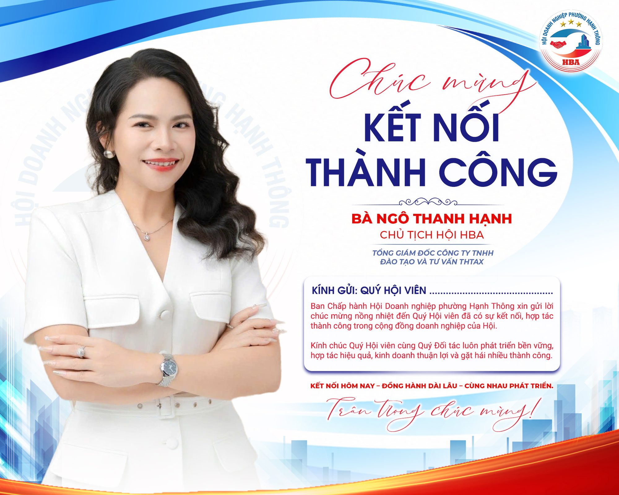 Thiệp chúc mừng kết nối thành công của Hội Doanh nghiệp phường Hạnh Thông, ghi tên bà Ngô Thanh Hạnh, Chủ tịch Hội HBA, Tổng Giám đốc Công ty TNHH Đào tạo và Tư vấn THTAX.