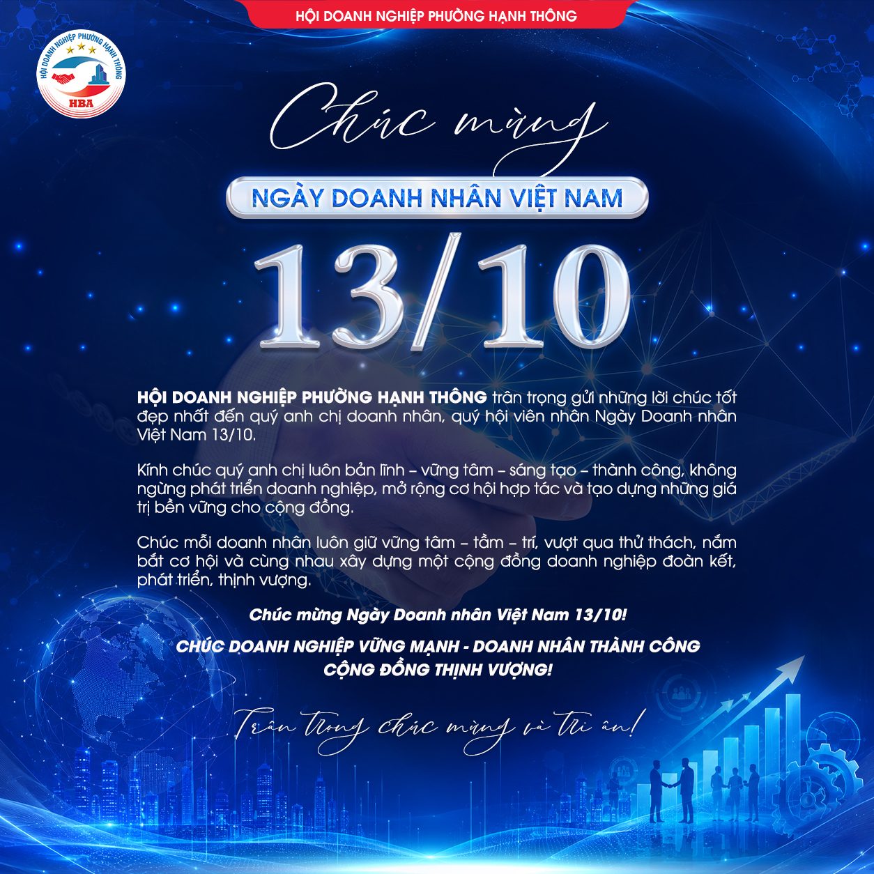 Thiệp chúc mừng Ngày Doanh nhân Việt Nam 13/10, nền xanh với hình ảnh công nghệ, kết nối và biểu đồ phát triển.