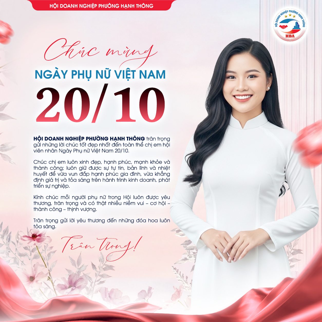 Thiệp Ngày Phụ nữ Việt Nam 20/10 của Hội Doanh nghiệp phường Hạnh Thông, với lời chúc và hình minh họa người phụ nữ mặc áo dài trắng.