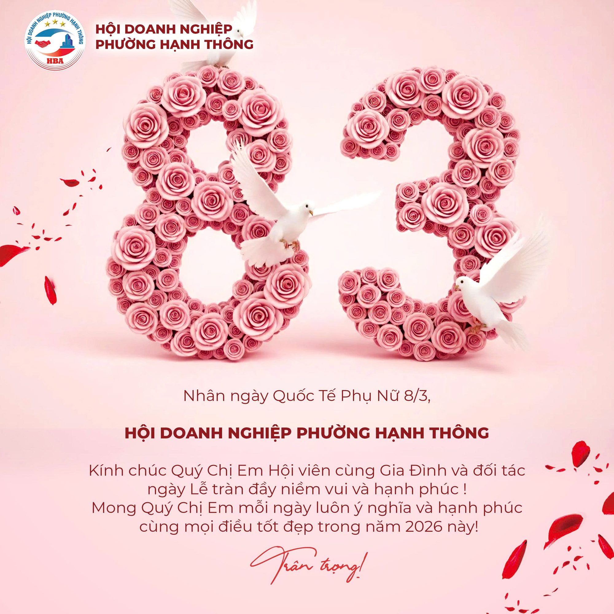Thiệp chúc mừng Ngày Quốc tế Phụ nữ 8/3 năm 2026 của Hội Doanh nghiệp phường Hạnh Thông, với số 8 và 3 kết từ hoa hồng, chim bồ câu trắng và lời chúc dành cho chị em hội viên.