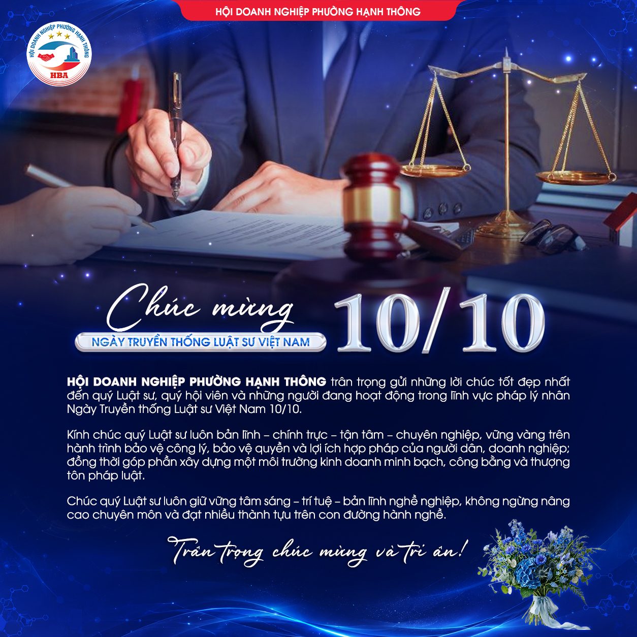 Thiệp Ngày Truyền thống Luật sư Việt Nam 10/10, với hình cân công lý, búa gỗ và lời chúc của Hội Doanh nghiệp phường Hạnh Thông.
